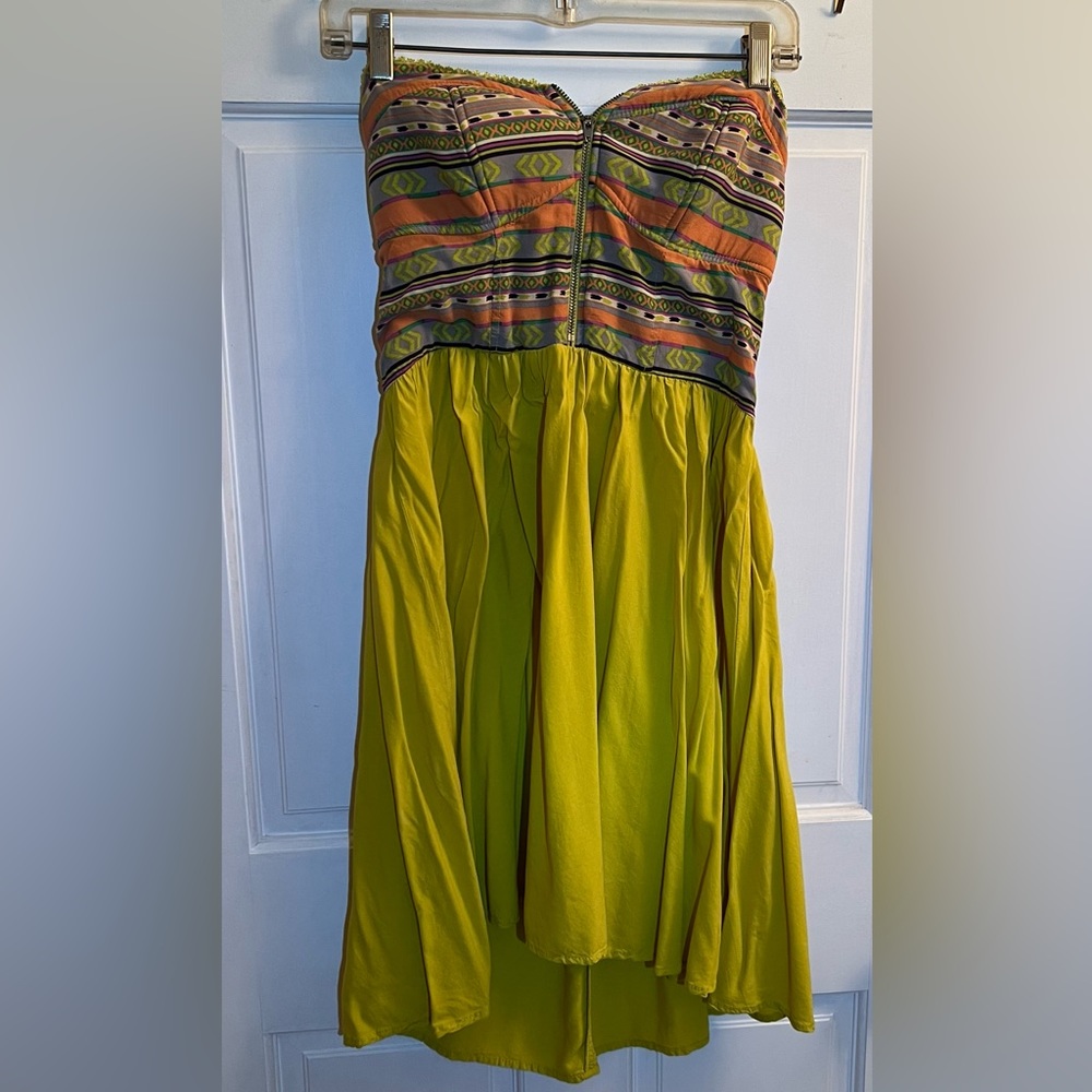Large lime green/Aztec inspired patterned strapless mini dress